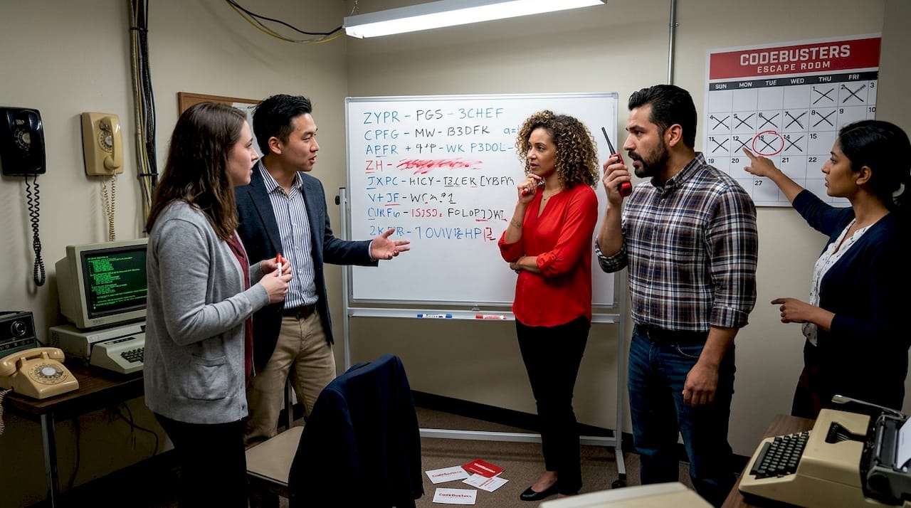 Coworkers working together in escape room setting