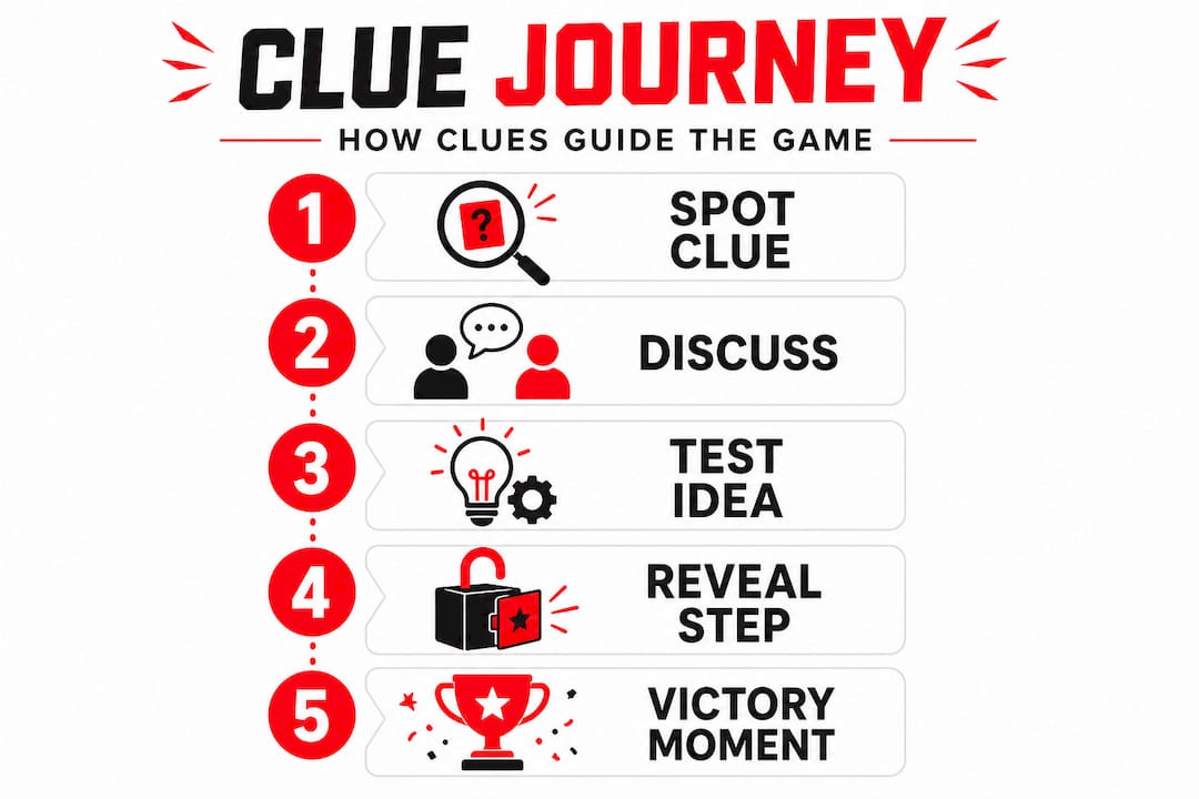 Infographic showing escape room clue journey steps