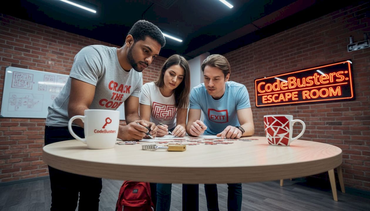 Three people intensely solving escape room puzzles
