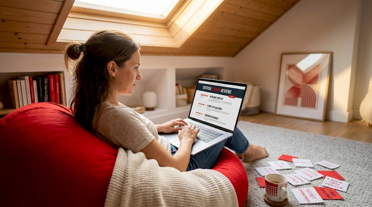 Woman reading escape room reviews on laptop