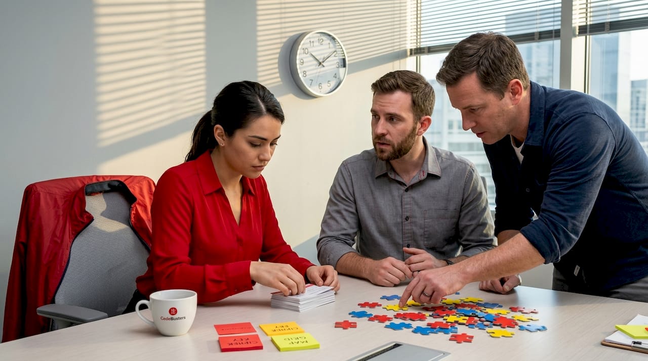 Coworkers problem-solving with escape room puzzles