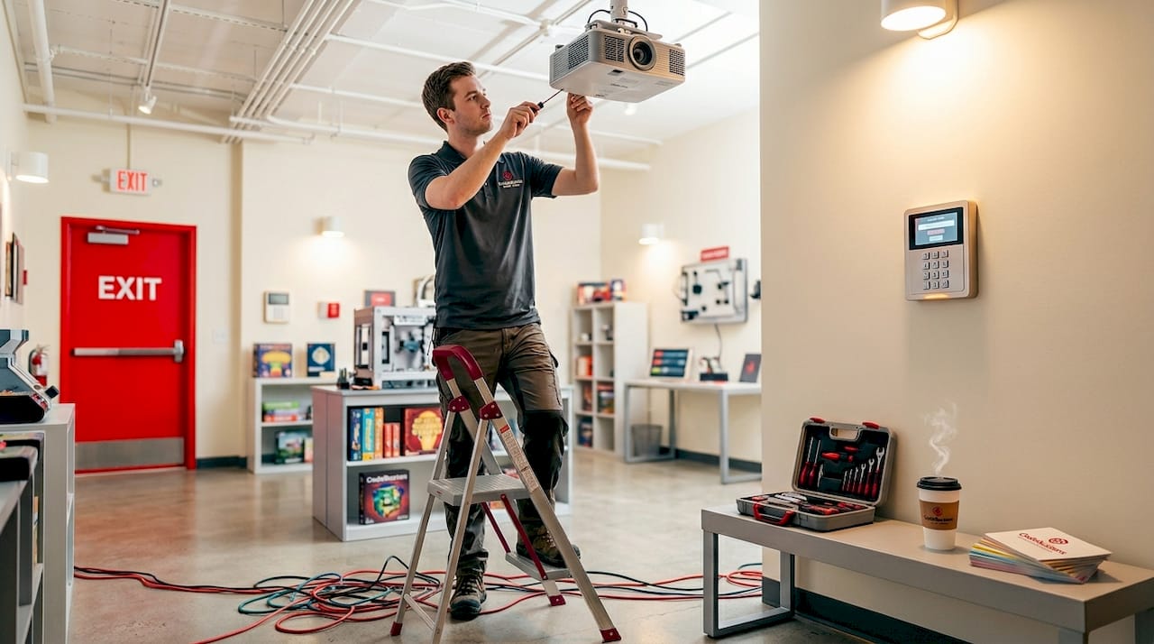 Technician installing tech in escape room