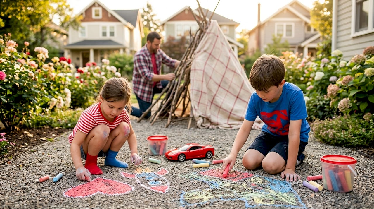 Kids draw chalk art outdoors with family