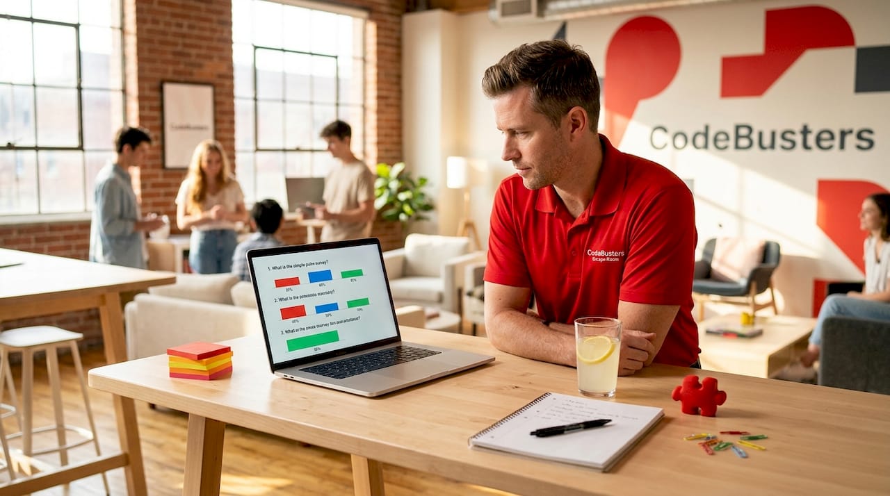 Manager studying quick survey results at desk