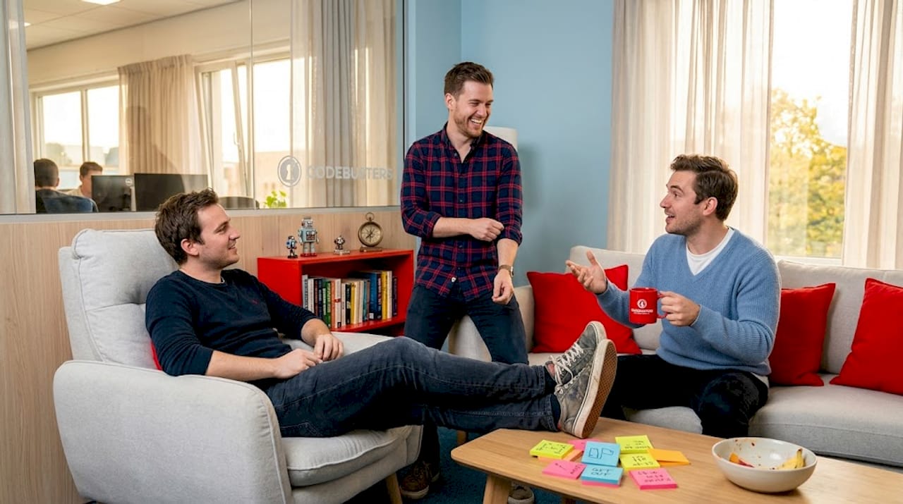Colleagues chatting in open-plan office workspace