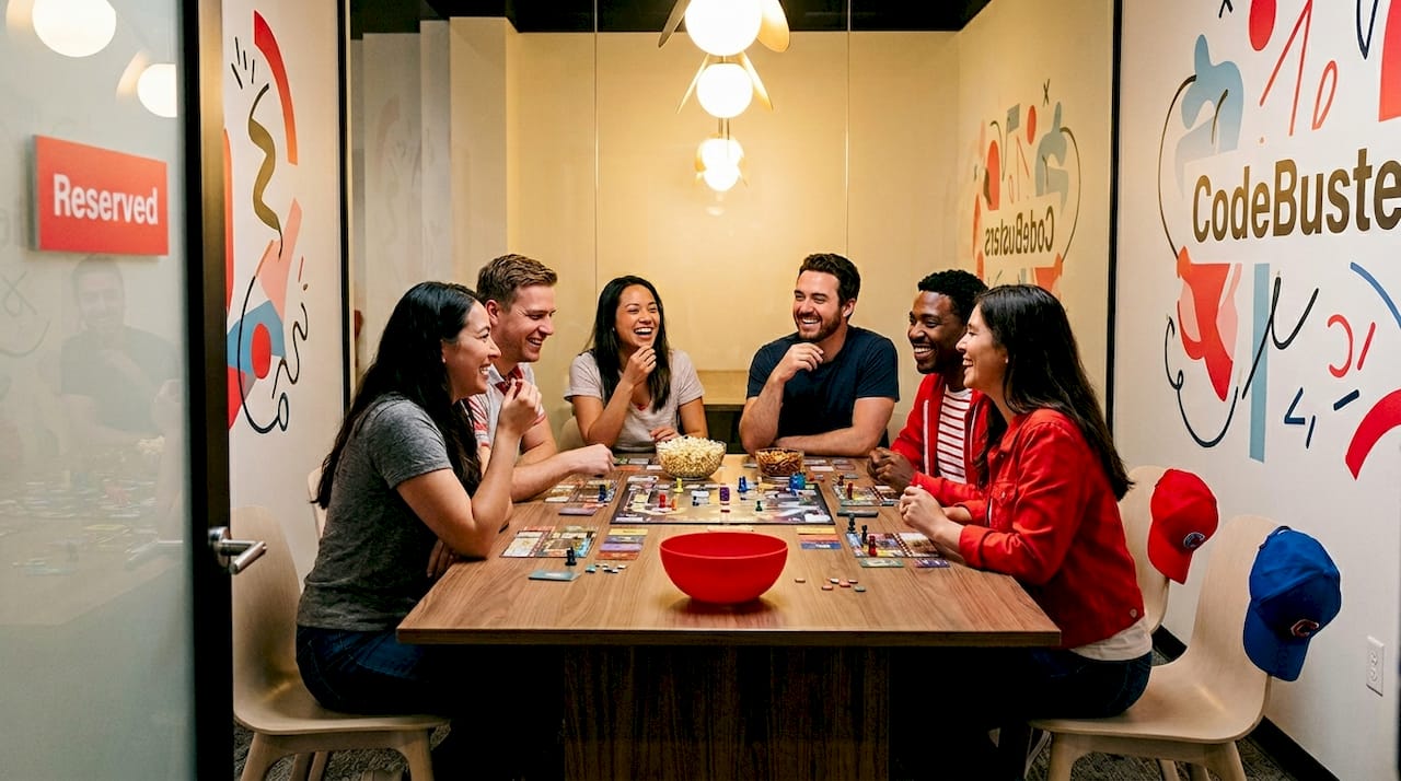 Colleagues enjoy board game in private room