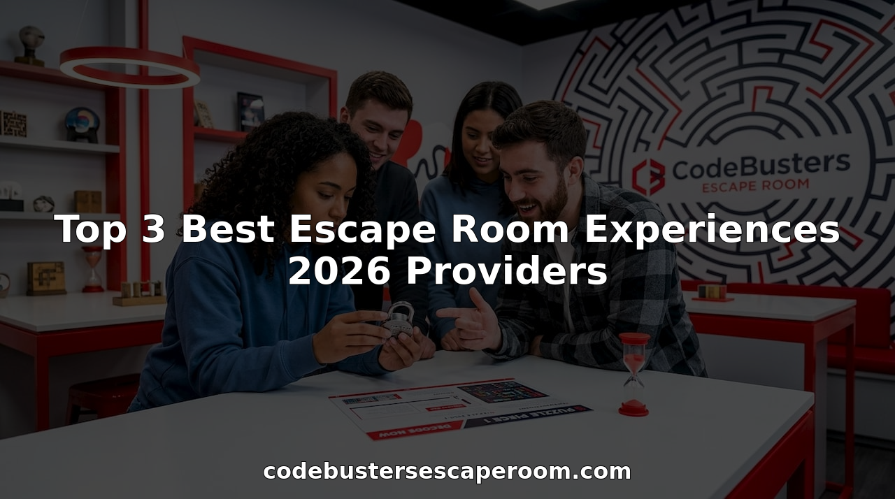 Small group collaborating in escape room challenge