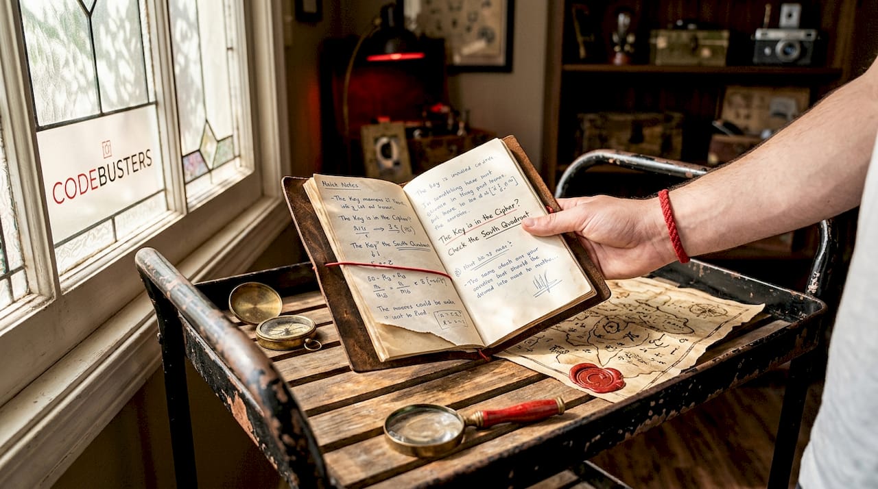 Close-up of journal and puzzle in escape room narrative