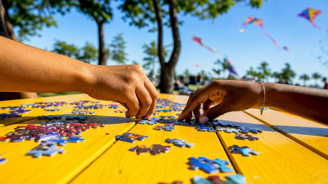 Hands exchanging puzzle pieces collaboratively