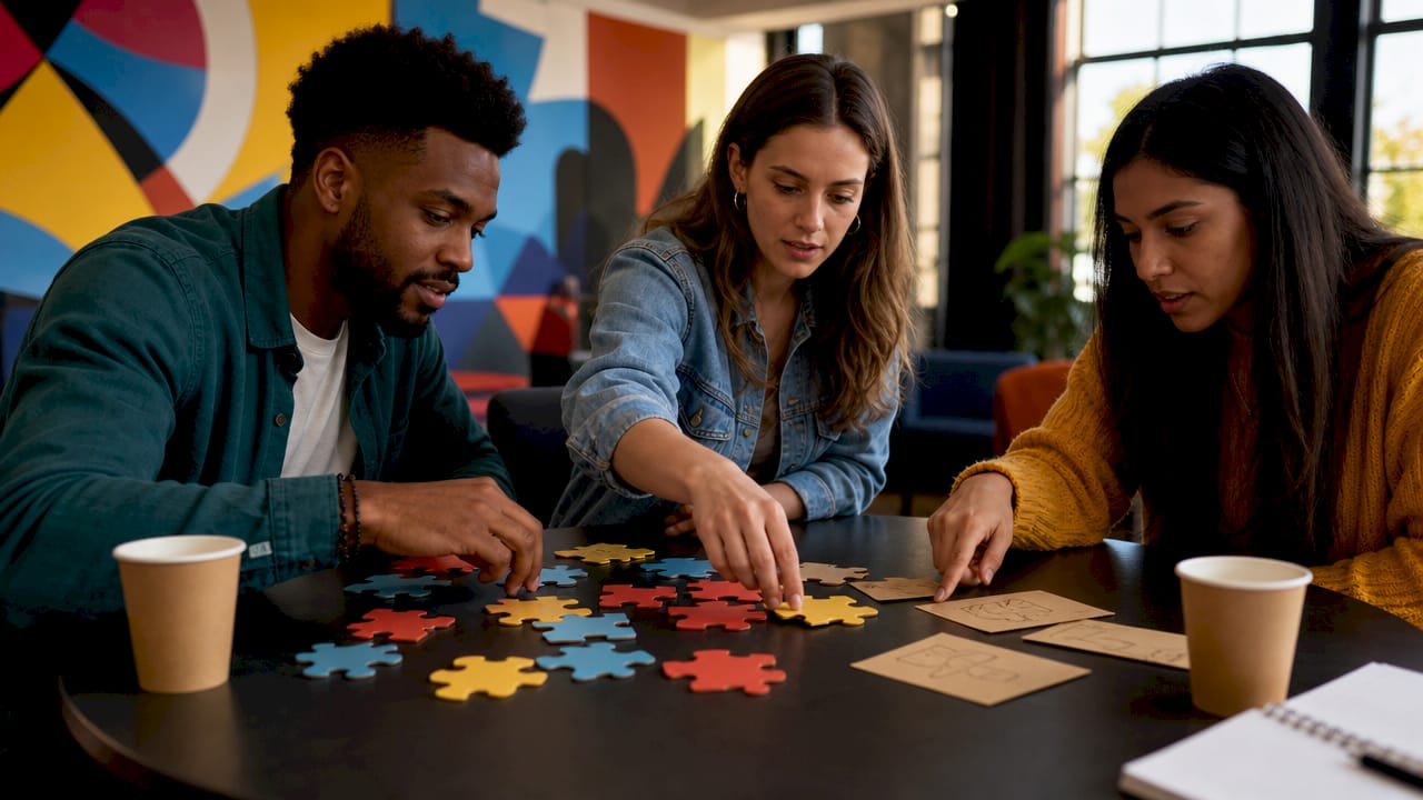 Hands fitting puzzle pieces during teamwork activity