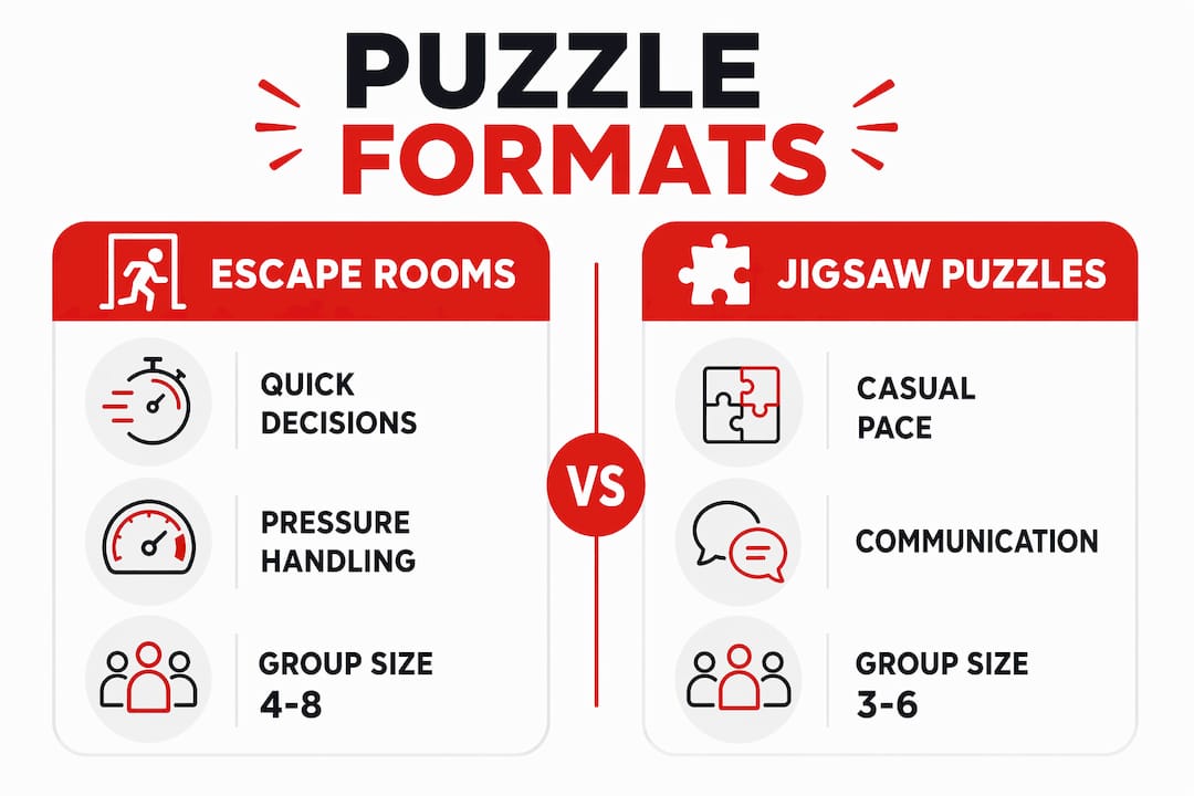 Infographic comparing escape rooms and jigsaw puzzles for teamwork