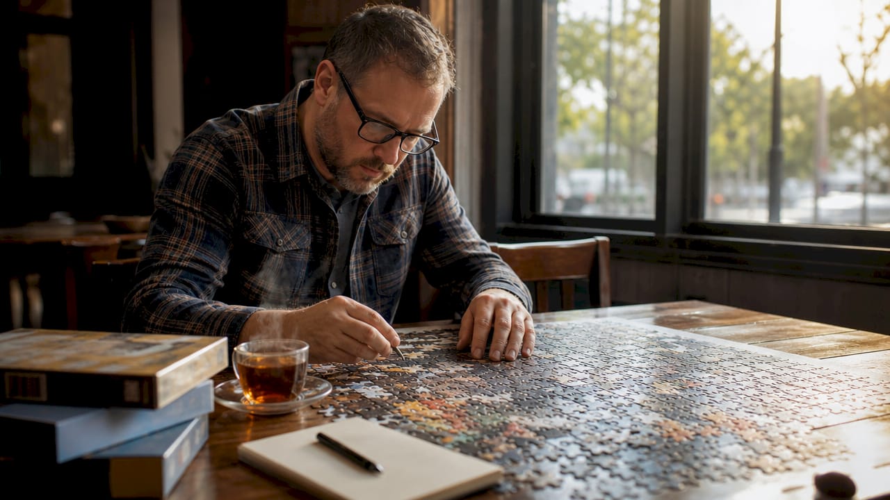 Man assembling jigsaw puzzle at home table
