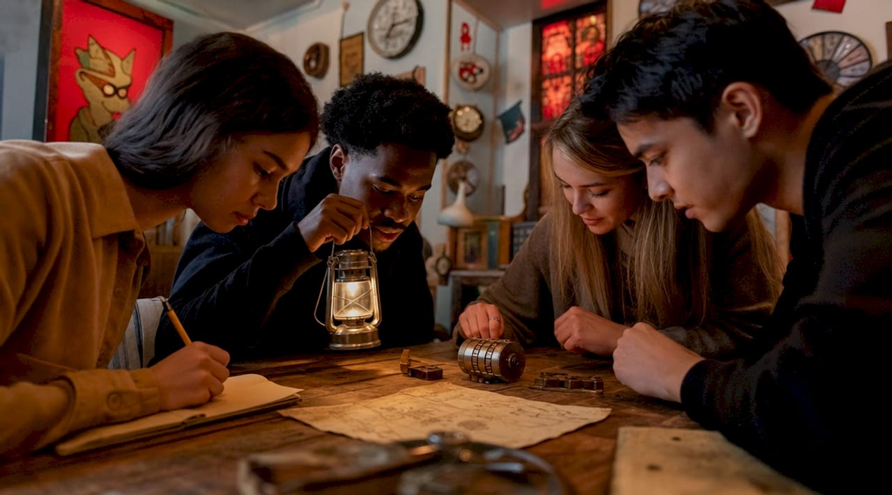Group working together on puzzles in escape room