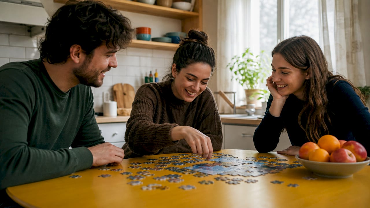 Colleagues casually solving puzzle in office break room
