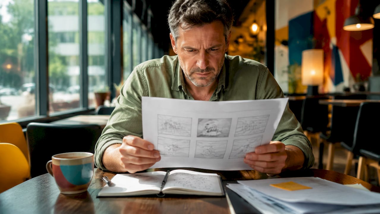 Designer reading narrative puzzle game document in café