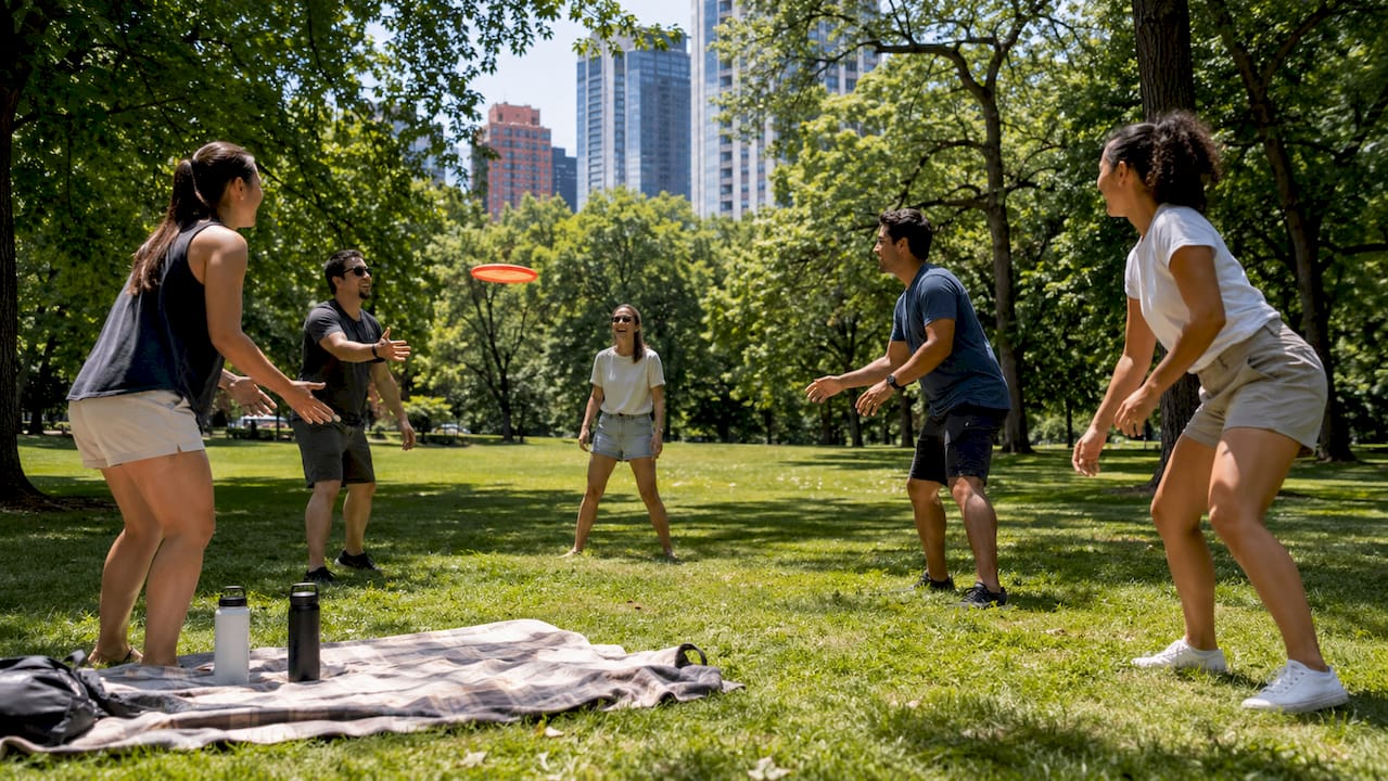 Team outdoors playing cooperative bonding game
