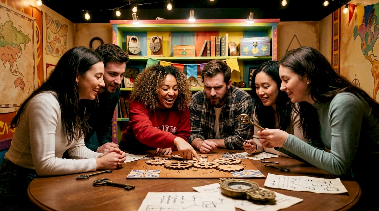 Group playing private escape room session