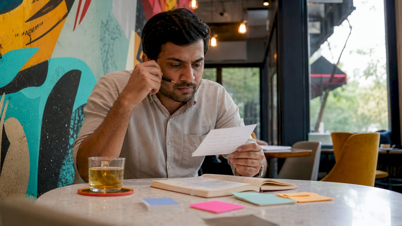 Manager reading team member note thoughtfully