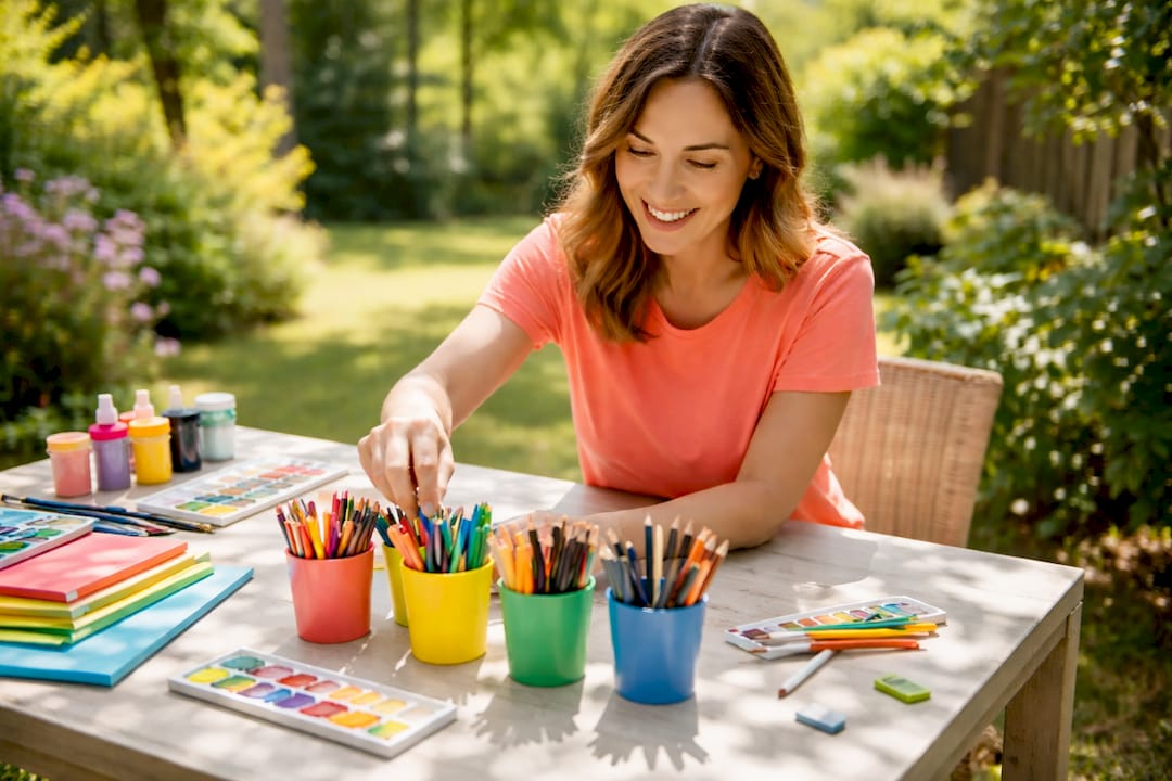 Mother preparing art supplies for family activity session