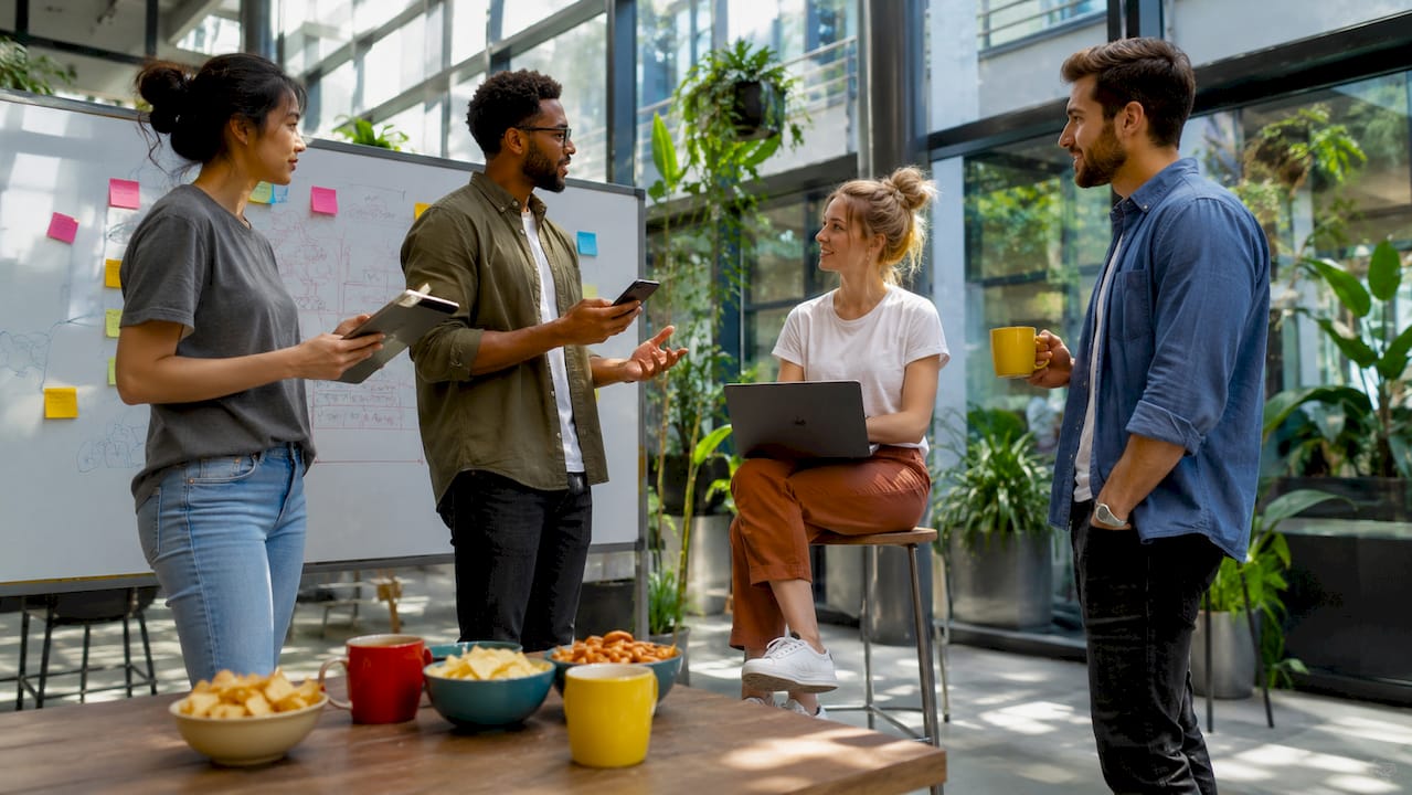Team using communication tools in meeting room