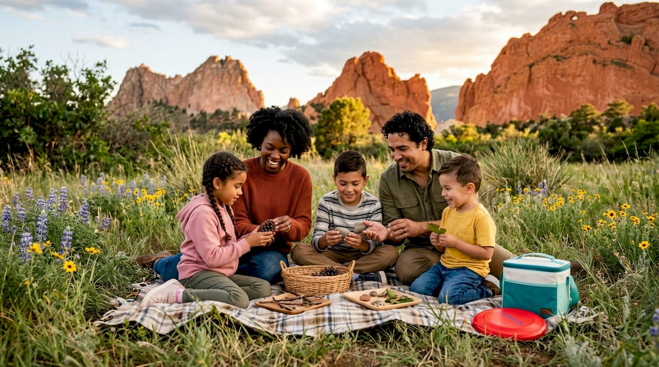 Family hiking with scavenger hunt in Colorado Springs outdoors
