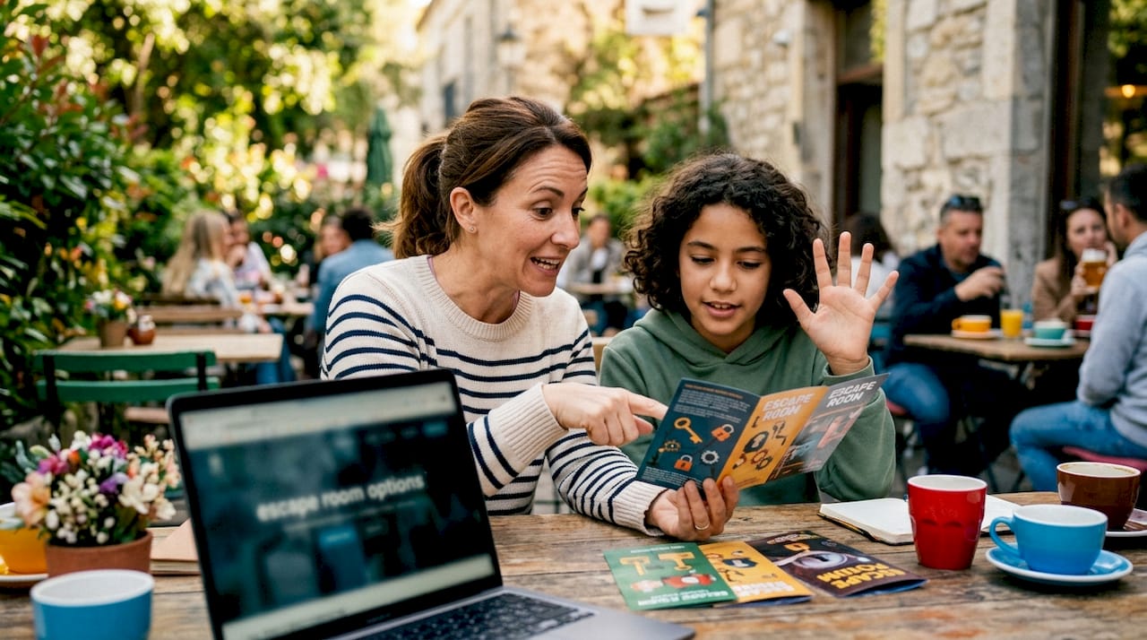 Parent and child planning escape room choice