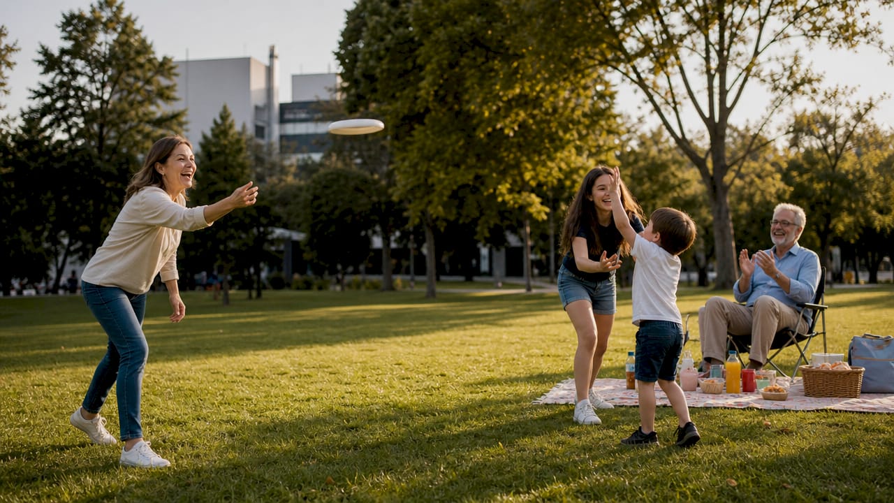 Family playing lawn games at park event