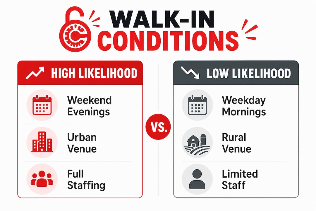 Infographic comparing escape room walk-in likelihood scenarios