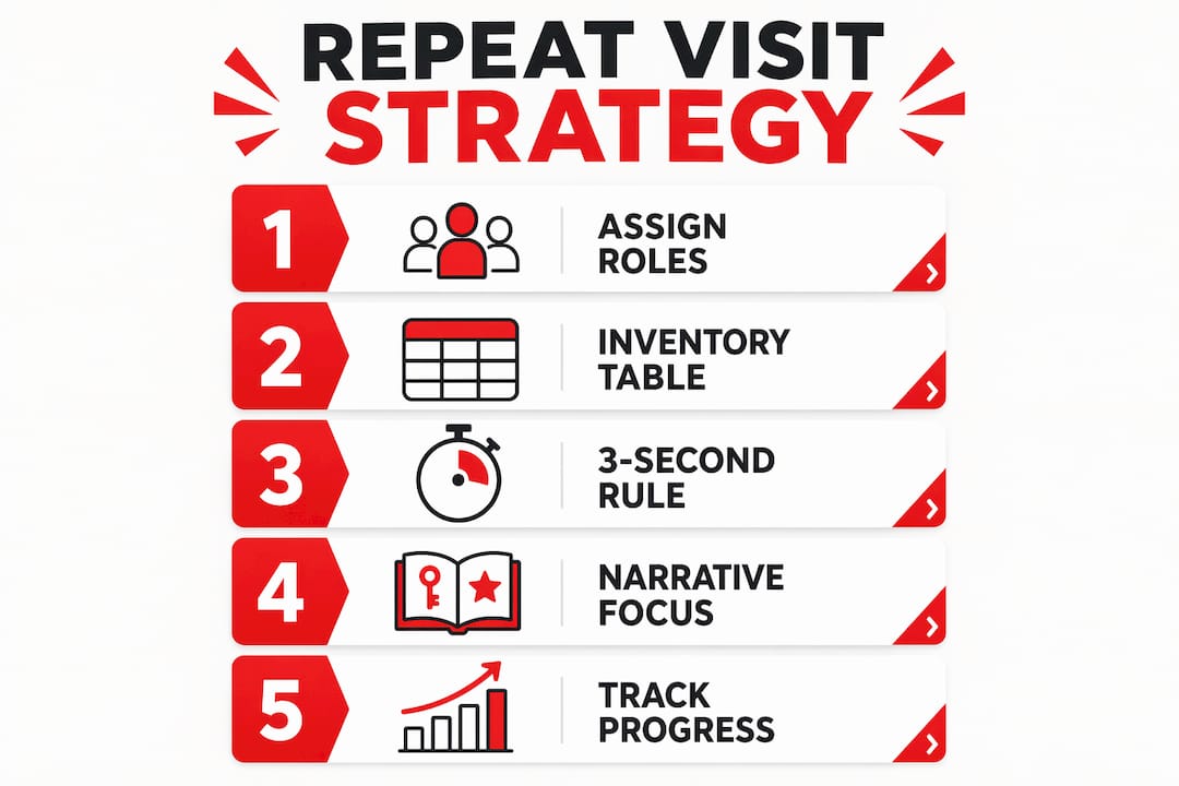Infographic showing escape room repeat visit strategy steps