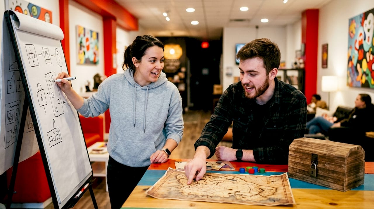 Hands actively organizing inventory table for escape room