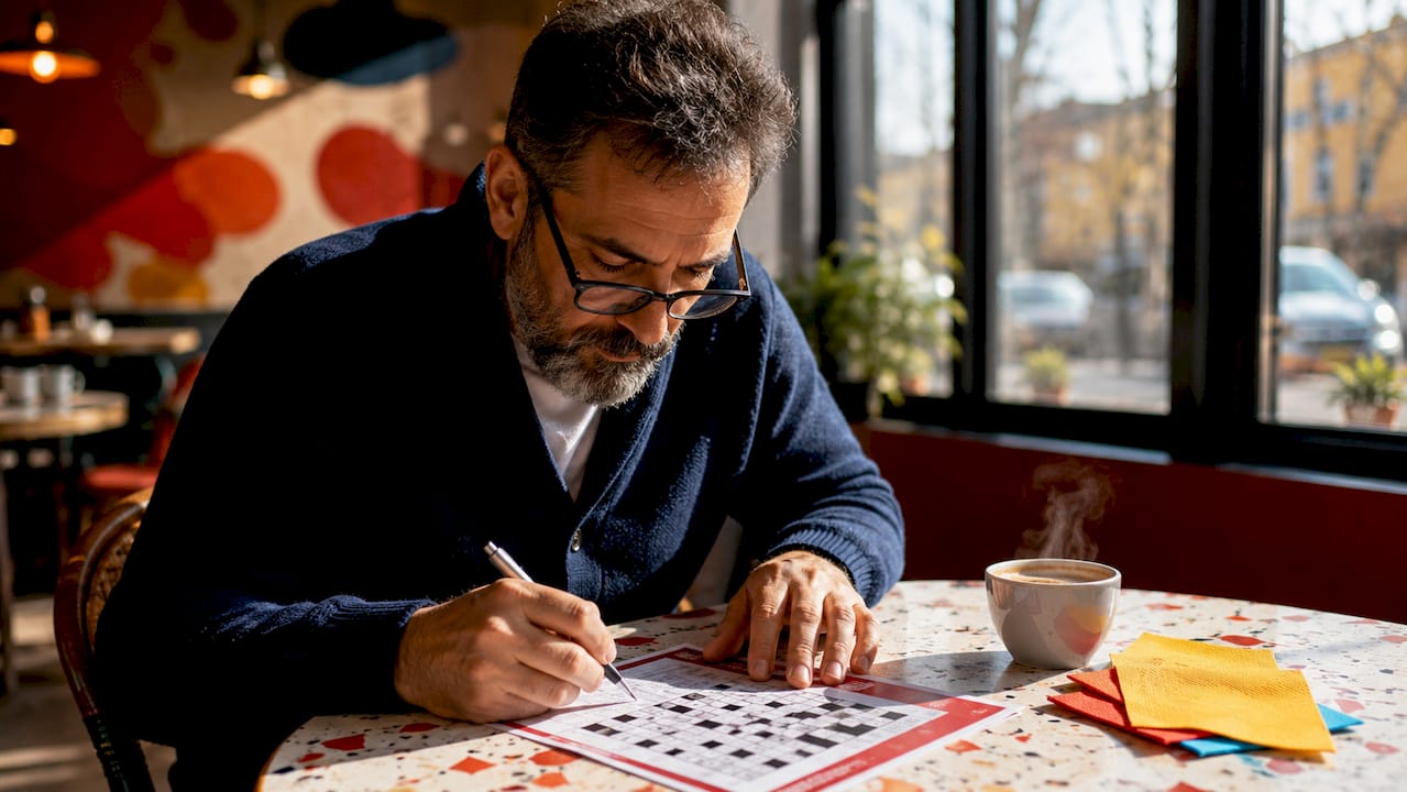 Man solving logic puzzle on desk indoors