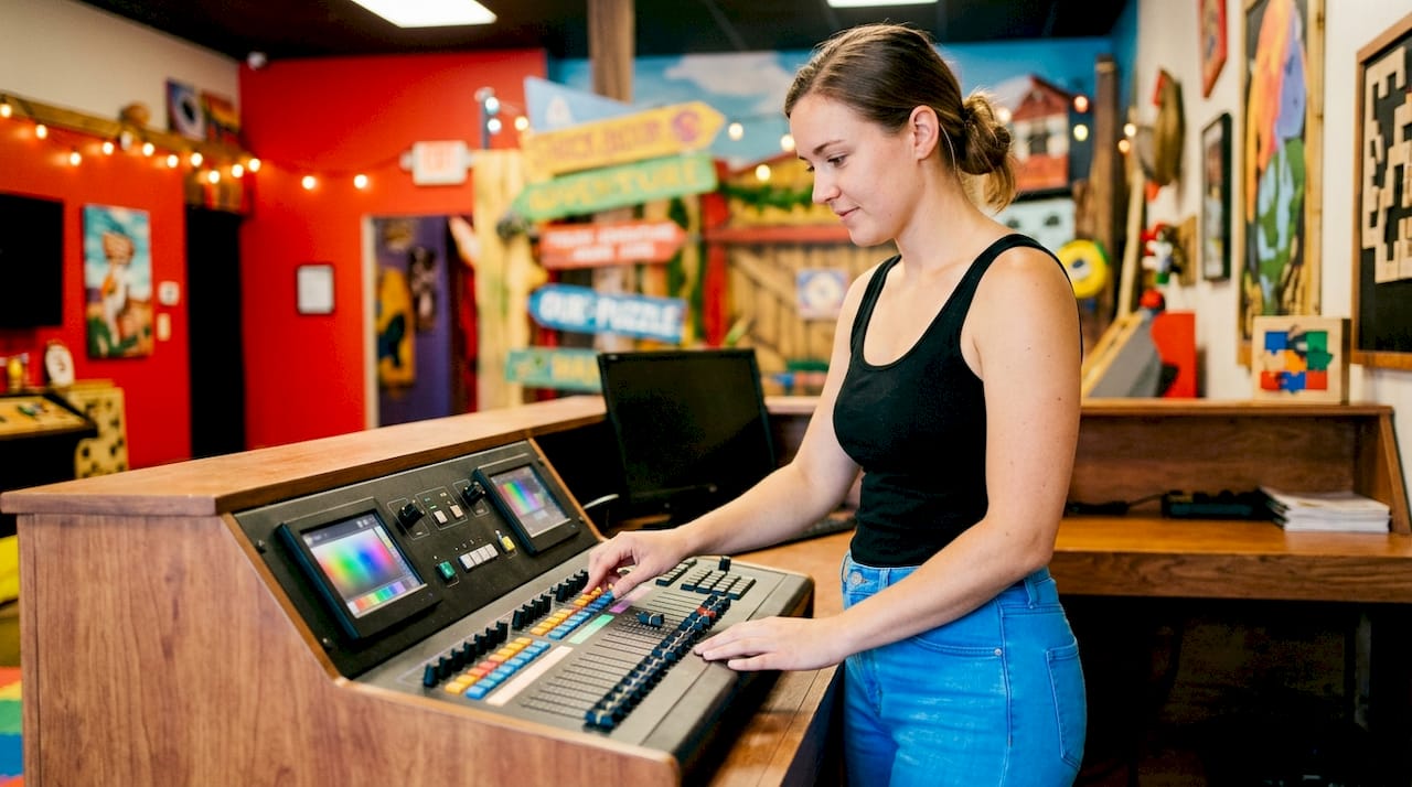 Hands adjusting lighting controls in escape room control station