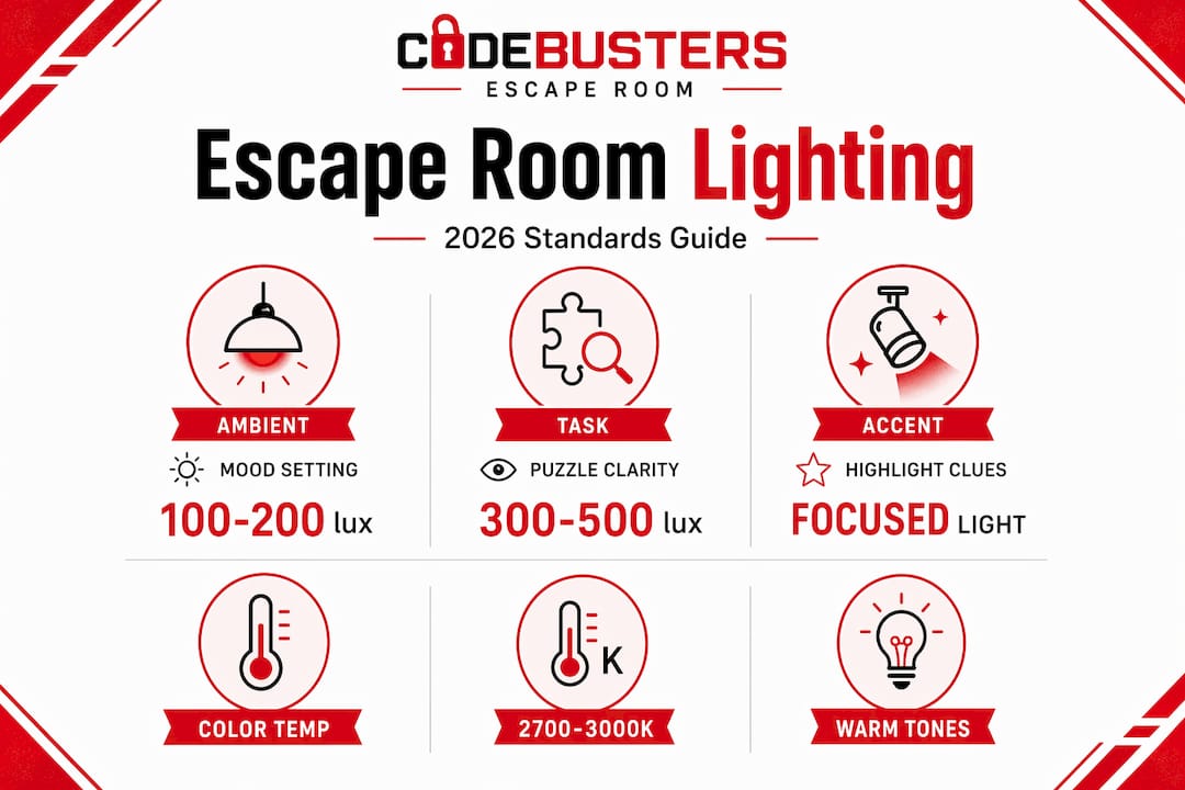 Infographic showing escape room lighting standards for 2026