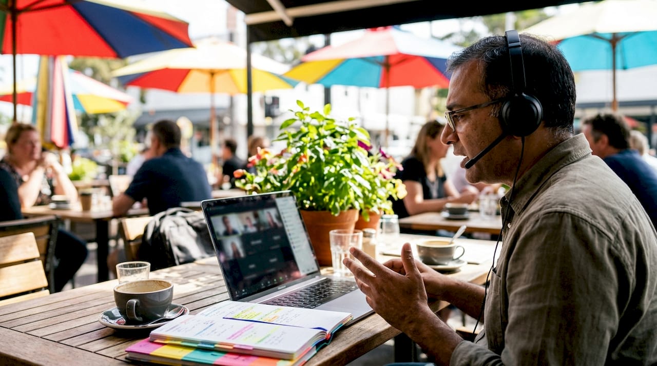 Man in home office during virtual team meeting