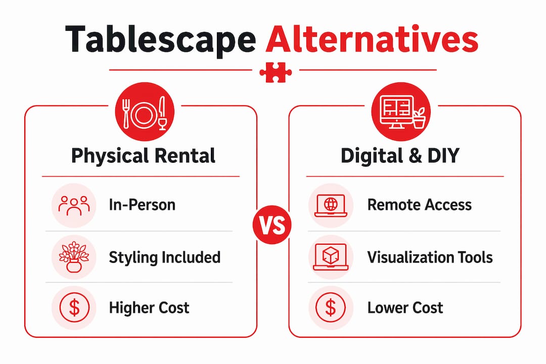 Infographic comparing tablescape physical rentals and digital DIY options