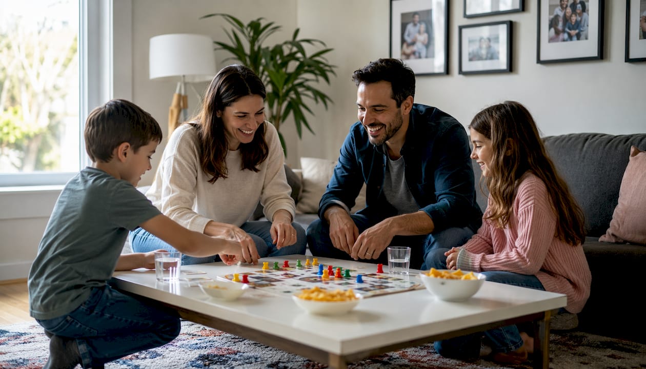Family enjoying indoor card game night together