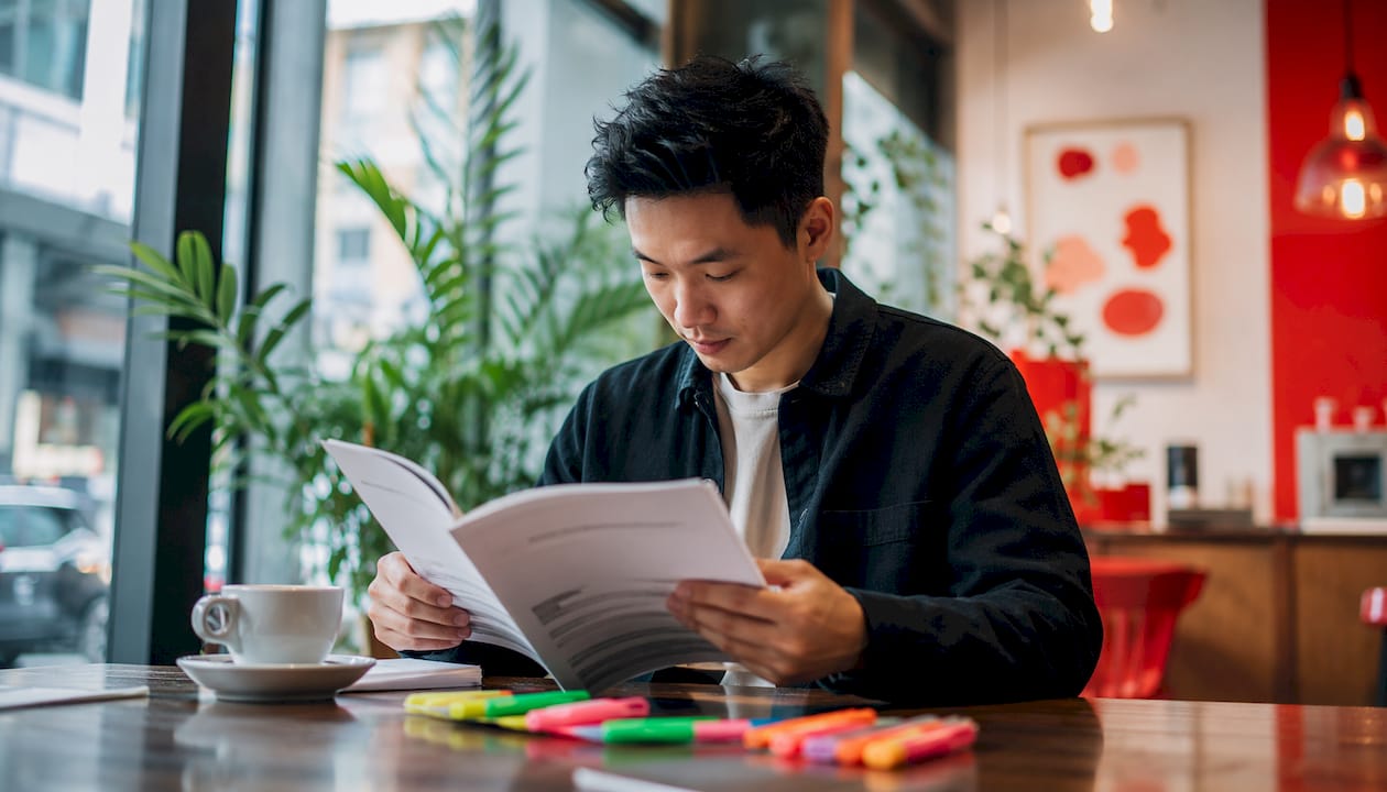 Person reviewing leadership runbook in conference room