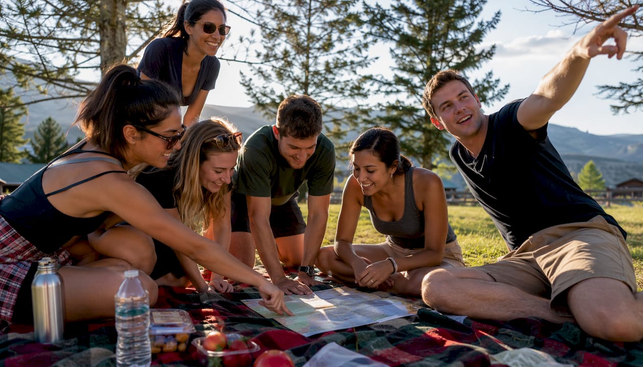 Team using iPad for outdoor escape adventure