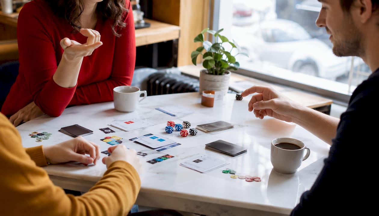 Hands of colleagues collaborating on board game