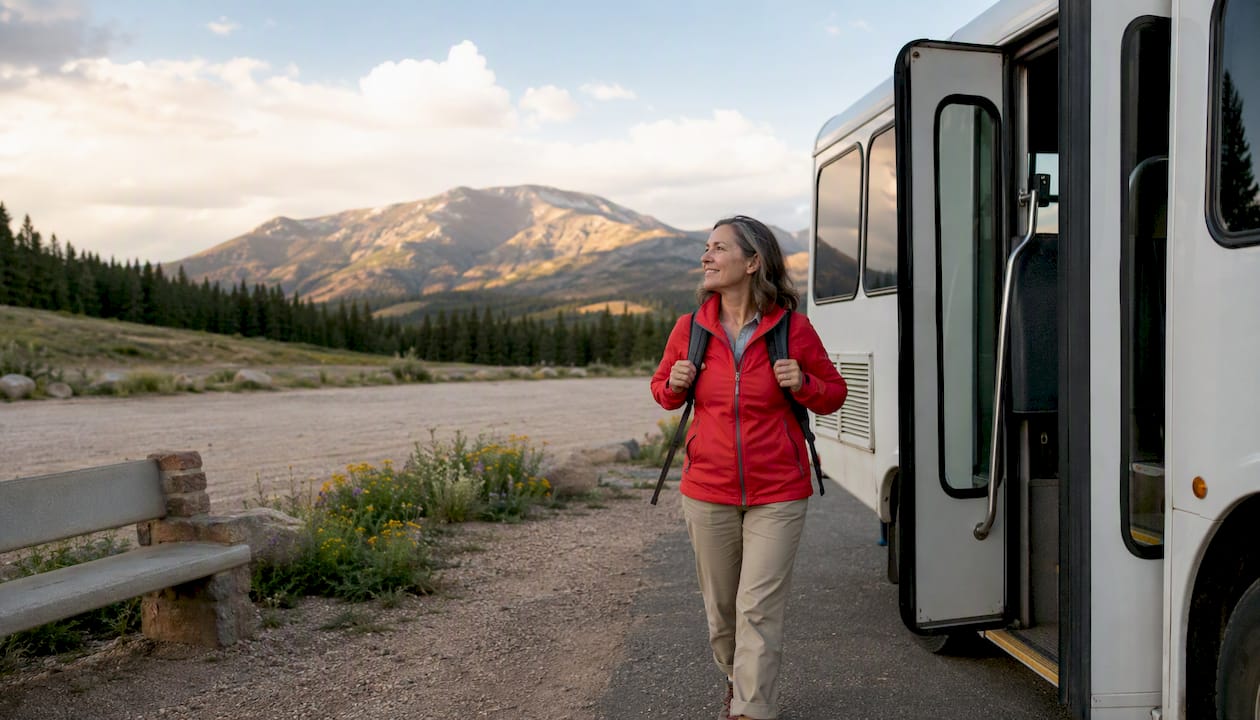 Woman exiting shuttle near Pikes Peak trailhead