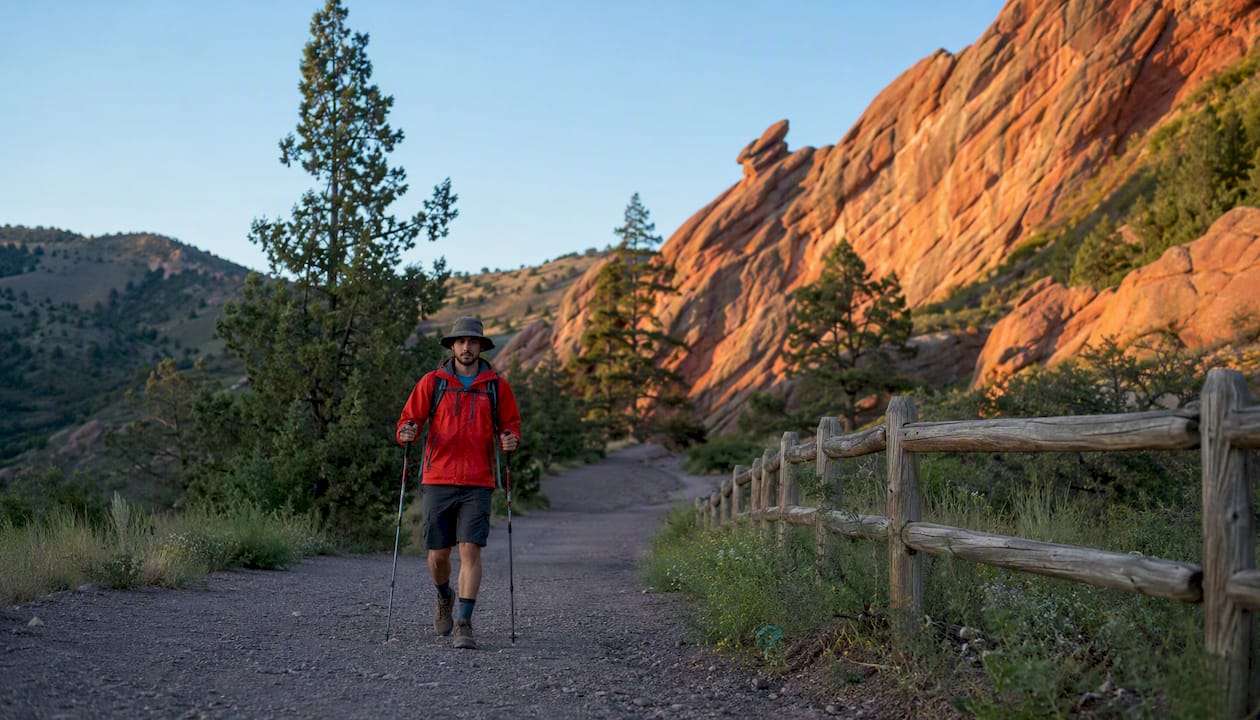 Hiker on Red Rock Canyon trail with sandstone cliffs
