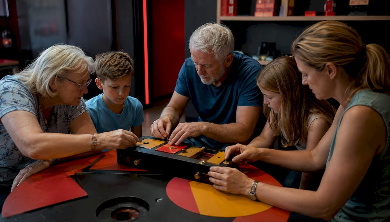 Family working together on escape room puzzle