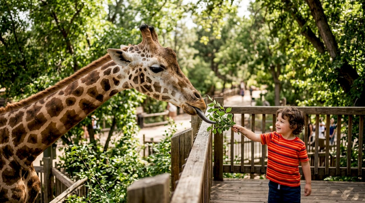 Child hand feeding giraffe in zoo
