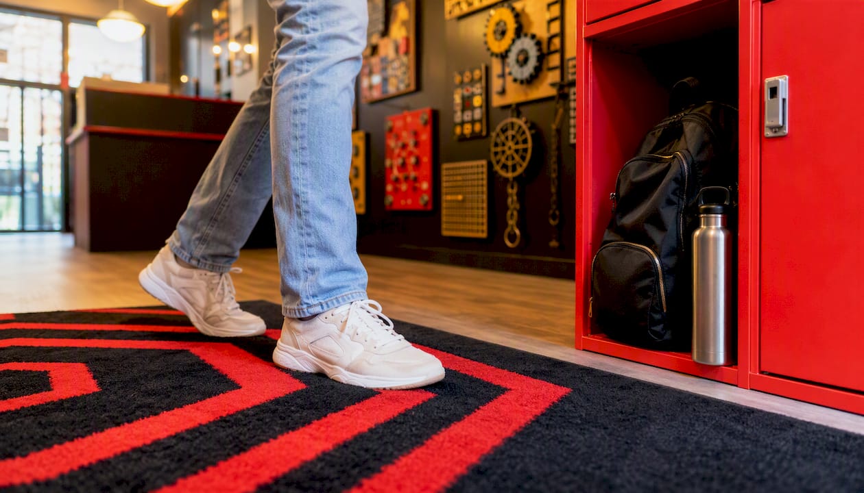 Player's foot in closed-toe shoe near locker in lobby