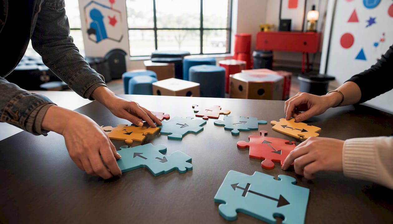 Hands arranging puzzle pieces for contingency planning