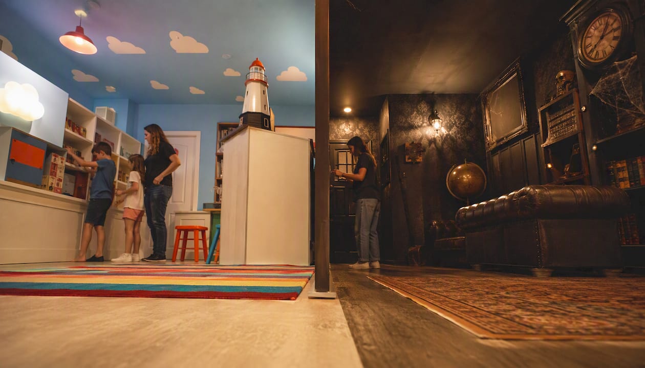 Contrasting family-friendly and suspense room corners