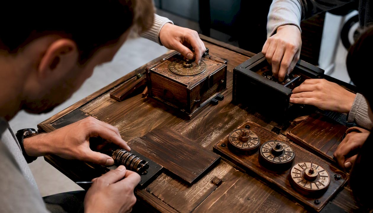 Hands working on escape room puzzle locks