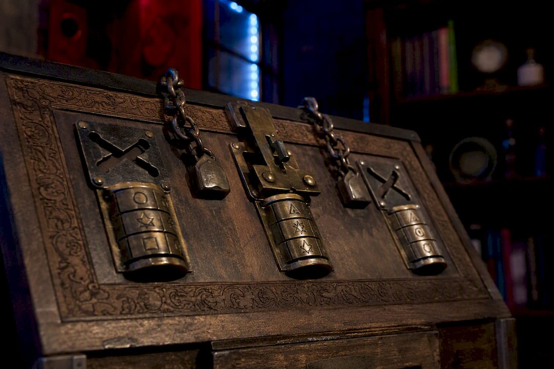 Close-up of complex escape room lock puzzle