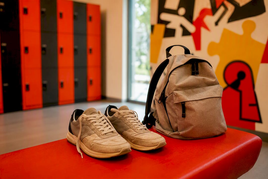 Comfortable shoes and bag in escape room lobby