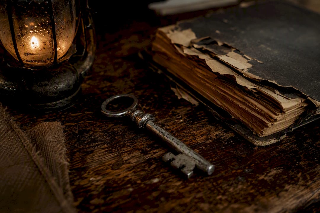 Close-up of weathered escape room props